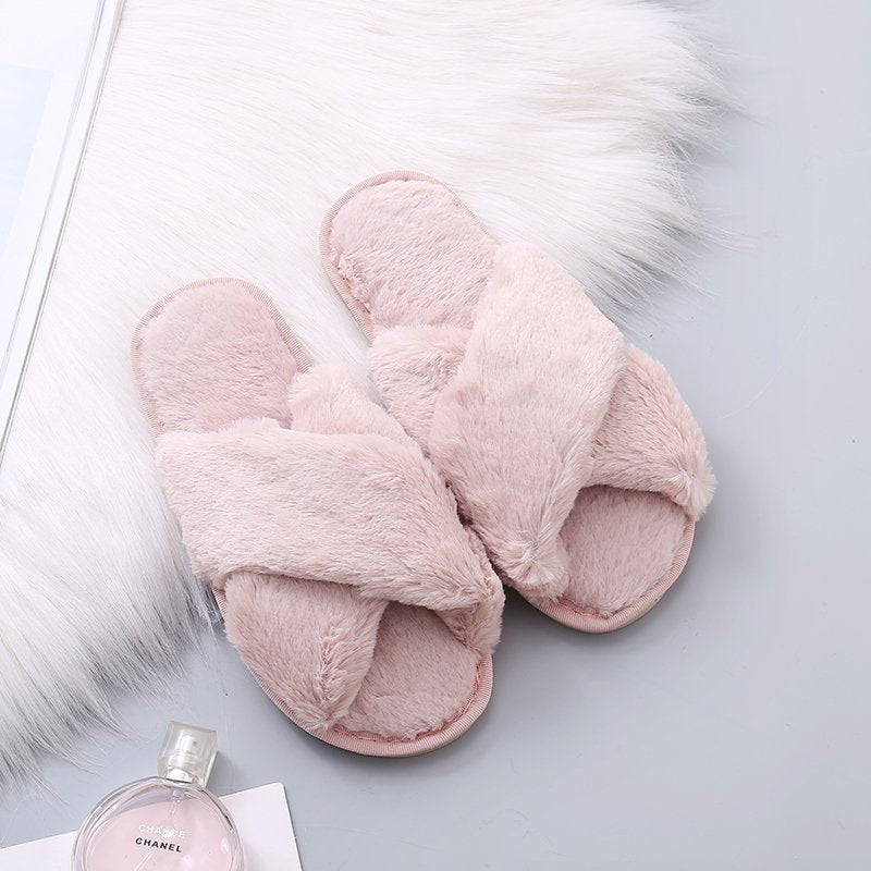 Wholesale Plush Indoor Non-slip Cotton Cross Open Toe Slippers